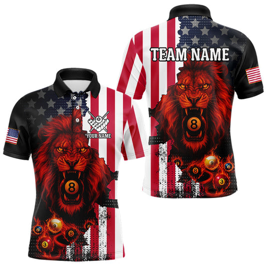Maxcorners American Flag Lion 8 Ball Billiard Shirt For Men Custom Patriotic Pool Team Shirt Polo & 1/4 Zip LM2711