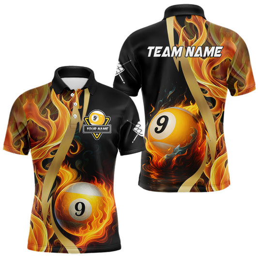 Maxcorners Personalized Fire Flame 9 Ball Pool Golden Billiard Shirt For Men, Billiard Jersey Polo & 1/4 Zip LM2711