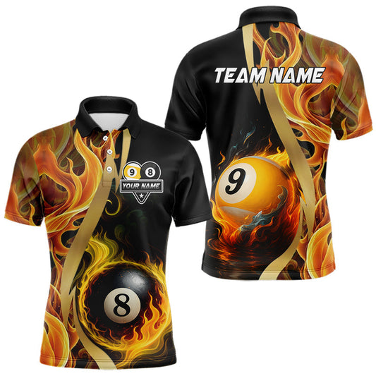 Maxcorners Orange 8 Ball & 9 Ball Fire Flame Billiard Shirt For Men Custom Pool Team Shirts, Billiard Jersey LM2901