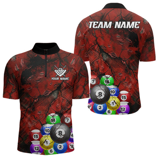 Maxcorners Personalized Red Grunge Cracked 8 Ball Billiard Shirts For Men Custom Team League Billiard Jerseys LM0404