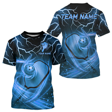 Maxcorners Thunder Light Blue Pickleball Ball & Paddles Shirt Custom Pickleball Team Outfits For Men LM0106