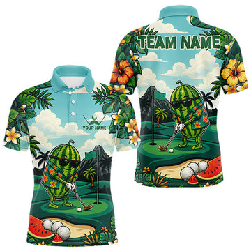 Maxcorners Funny Watermelon Golfer Mens Monstera Tropical Polo Shirts Custom Golf Team Outfits Golf Gifts LM0208