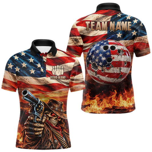Maxcorners Fire & Gun Retro Bowling Polo 1/4-Zip Shirt For Men Personalized US Flag Cowboy Skull Bowling Jersey LM0510