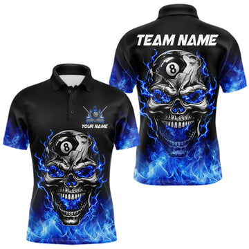 Maxcorners Custom Thunder Blue & Silver Skull 8 Ball Billiard Shirt For Men Billiards Team 1/4-Zip Polo Jersey LM0510