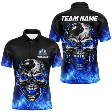 Maxcorners Custom Thunder Blue & Silver Skull Bowling Ball Shirt For Men Bowling Team 1/4-Zip Polo Jersey LM0510