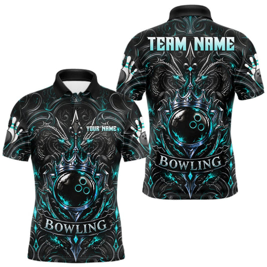 Maxcorners Men's Teal Gothic Dragon Bowling Polo Quarter-Zip Shirt Custom Neon Blue Strike Bowling Team Jersey LM0510