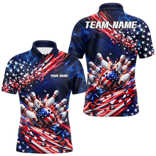 Maxcorners Cracked US Flag Bowling Polo 1/4-Zip Shirt For Men Custom American Flag Strike Apparel Bowling Jersey LM0510
