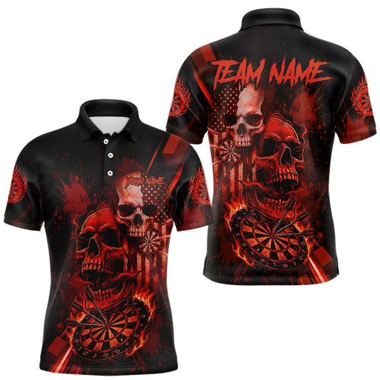 Maxcorners Custom Red Smokes Grunge Skull Men Darts Polo Shirt US Flag Skull Dart League Jerseys