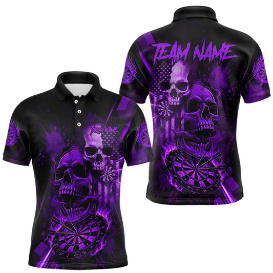 Maxcorners Custom Purple Smokes Grunge Skull Men Darts Polo Shirt US Flag Skull Dart League Jerseys
