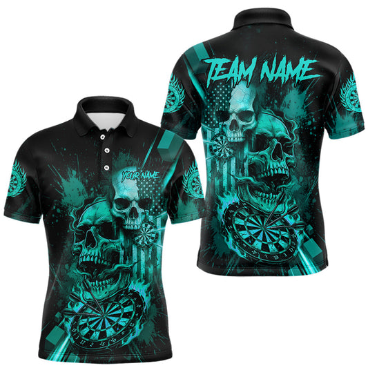 Maxcorners Custom Turquoise Smokes Grunge Skull Men Darts Polo Shirt US Flag Skull Dart League Jerseys