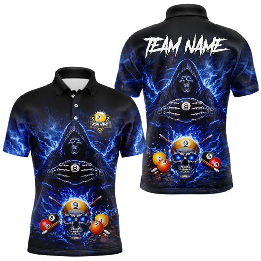 Maxcorners Blue Flames Grim Reaper Pool 8 Ball & 9 Ball Billiard Shirt For Men Custom Billiard Team Jerseys LM0402