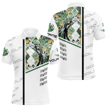 Maxcorners Custom Name Green Tropical Golf Mens Polo Shirt, White Golf Jerseys Best Floral Golf Gifts LM0404