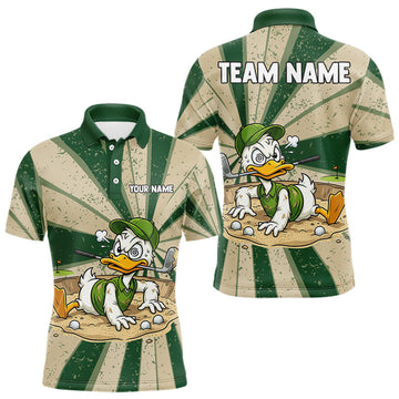 Maxcorners Mens Funny Duck Golf Shirts Grunge Green Beige Golf Clothing Custom Golf Team Polo, Golf Upf Shirts LM0404