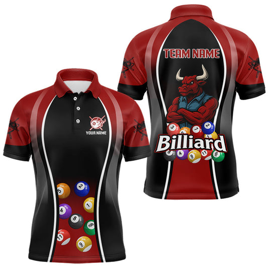 Maxcorners Red Funny Bull Pool Balls Men Billiard Polo & 1/4-Zip Apparel Custom Billiard Shirt Designs LM0901