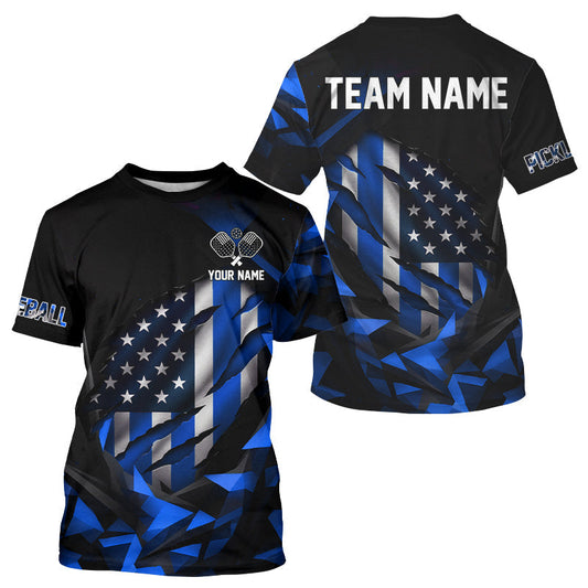 Maxcorners Custom Black And Blue Patriotic Pickleball T-Shirt For Men US Flag Pickleball Team Jerseys LM0503