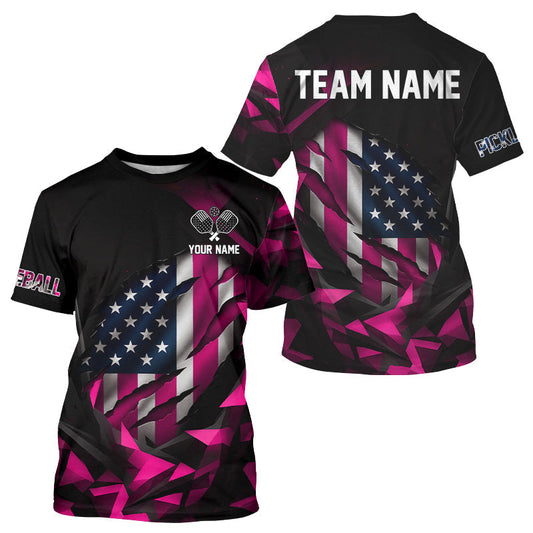 Maxcorners Custom Black And Pink Patriotic Pickleball T-Shirt For Men US Flag Pickleball Team Jerseys LM0503