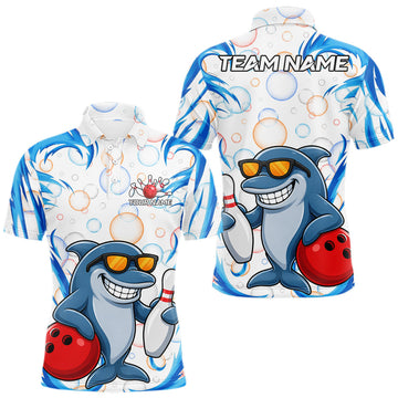 Maxcorners White & Blue Bubbles Funny Dolphin Bowling Polo Quarter-Zip Shirt For Men Custom Bowling Team Shirt