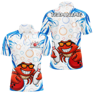 Maxcorners White & Blue Bubbles Funny Crab Bowling Polo Quarter-Zip Shirt For Men Custom Bowling Team Shirt