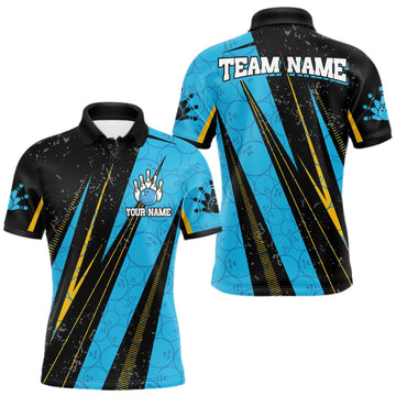 Maxcorners Black, Yellow And Blue Camo Bowling Polo 1/4 Zip Shirts Custom Team Bowling Jerseys For Men LM0510