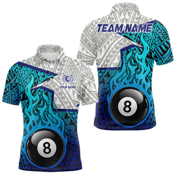 Maxcorners Billiards Pool Player White Blue Tribal Polo Quarter Zip Shirts For Men, Custom Billiard Team Jerseys LM0404