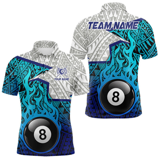 Maxcorners Billiards Pool Player White Blue Tribal Polo Quarter Zip Shirts For Men, Custom Billiard Team Jerseys LM0404