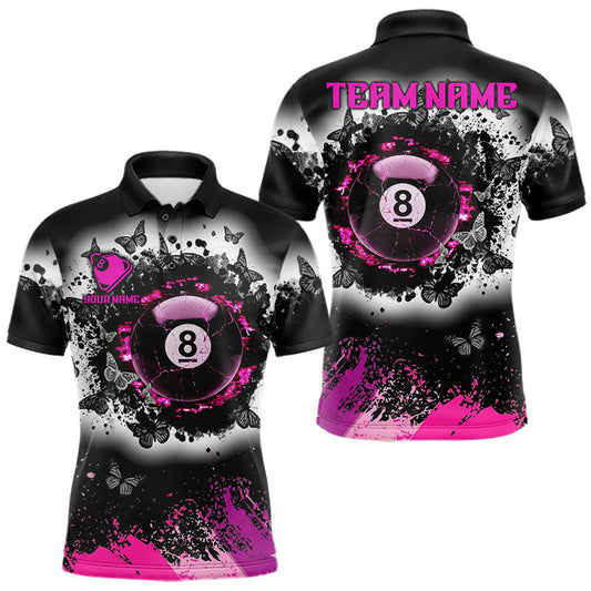 Maxcorners Black, White & Pink Billiard 8 Ball Pool Shirt For Men Custom Butterfly Grunge Team Billiard Jersey LM0706