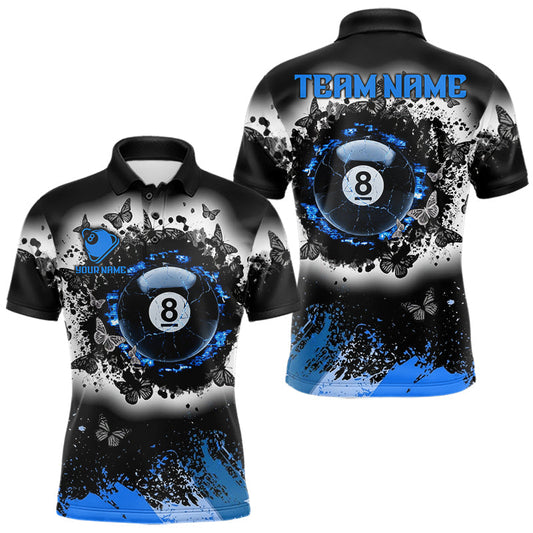 Maxcorners Black, White & Blue Billiard 8 Ball Pool Shirt For Men Custom Butterfly Grunge Team Billiard Jersey LM0706