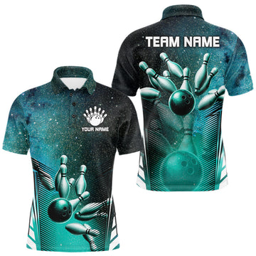 Maxcorners Turquoise Galaxy Bowling Ball Shirt For Men Custom Team Polo Quarter-Zip Bowling Jersey