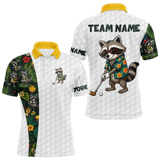 Maxcorners Custom Raccoon Golfer Golf Ball Team Attire Tropical Monstera Golf Polo Golf Shirts For Men