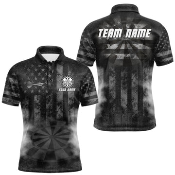 Maxcorners Black Smokes Darts Polo Quarter-Zip Shirts For Men Custom US Flag Patriotic Dart Team Tournament Jersey LM0609