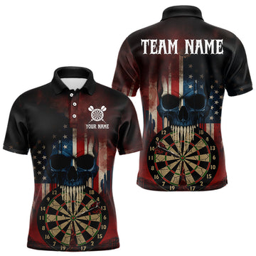 Maxcorners Custom Grunge US Flag Skull Dartboard Men Darts Polo Shirt Outfits Patriotic Dart Jerseys LM2603