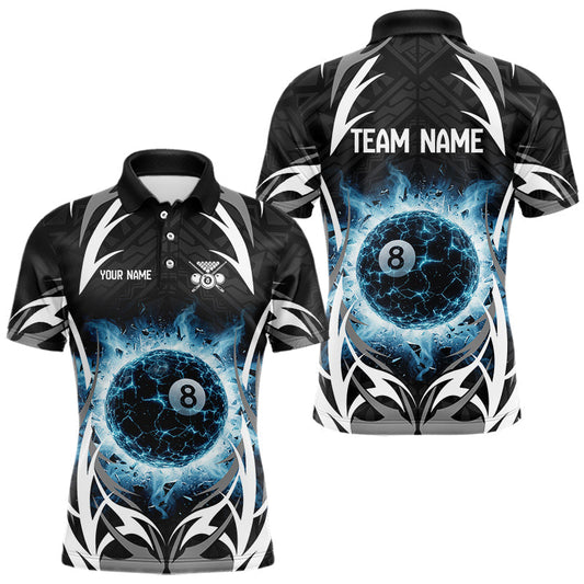 Maxcorners Lightning Blue 8 Ball Men Billiard Polo & 1/4-Zip Jersey Custom Tribal Pool Billiard Shirt LM0901