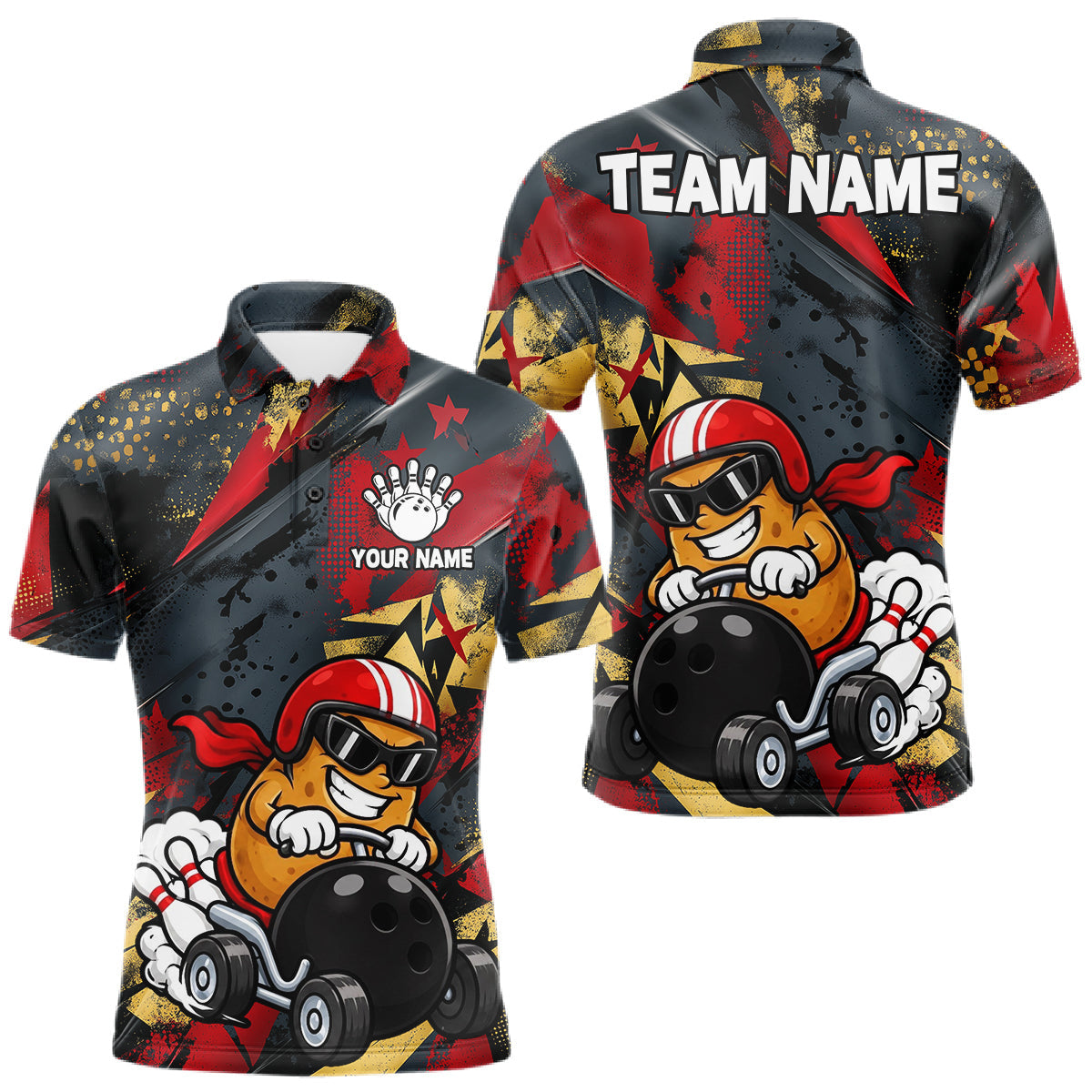 Maxcorners Funny Bowling Shirt For Men Custom Racing Potato Bowler Polo Quarter-Zip Jersey Bowling Team Jersey