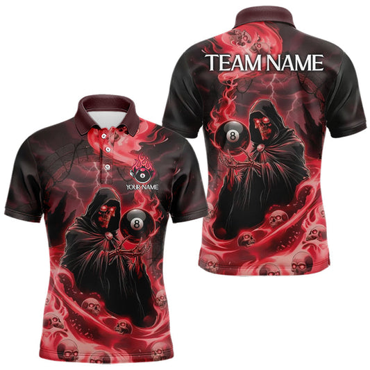 Maxcorners Grim Reaper Red Flames 8 Ball Pool Men Polo & 1/4-Zip Shirt Personalized Skull Billiard Gifts LM0901
