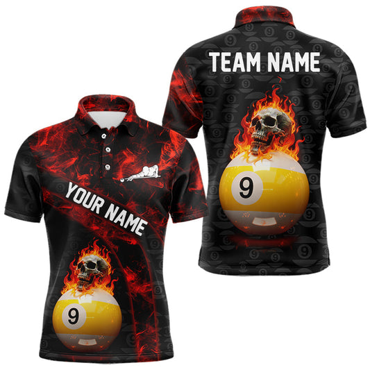 Maxcorners Fire Skull 9 Ball Pool Billiard Team Shirt For Men Custom Red Flames Billiard Ball & Cue Gifts LM0901