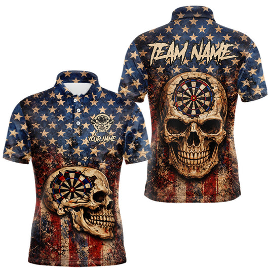 Maxcorners US Flag Retro Cracked Skull Dartboard Men Darts Polo Shirt Custom Patriotic Vintage Dart Shirt