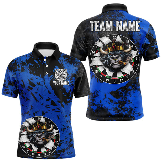 Maxcorners Personalized Black & Grunge Crown Blue Funny Bull Cracked Darts Shirts For Men Dart Team Jerseys