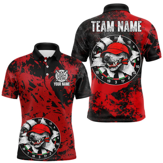 Maxcorners Personalized Black & Grunge Red Funny Cool Dog Cracked Darts Shirts For Men Dart Team Jerseys
