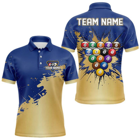 Maxcorners Gold Blue Splatter Billiard Custom Men Billiard Polo & 1/4-Zip Shirts Pool Billiard Team Jerseys