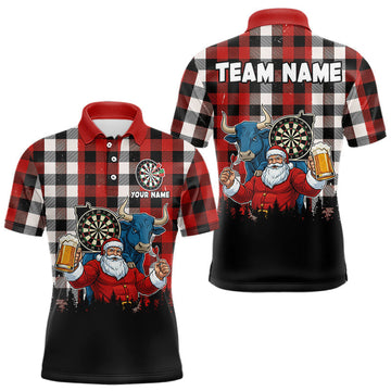 Maxcorners Custom Funny Santa & Bull Beer Dartboard Christmas Men Darts Polo Shirt Xmas Dart Jerseys LM2603