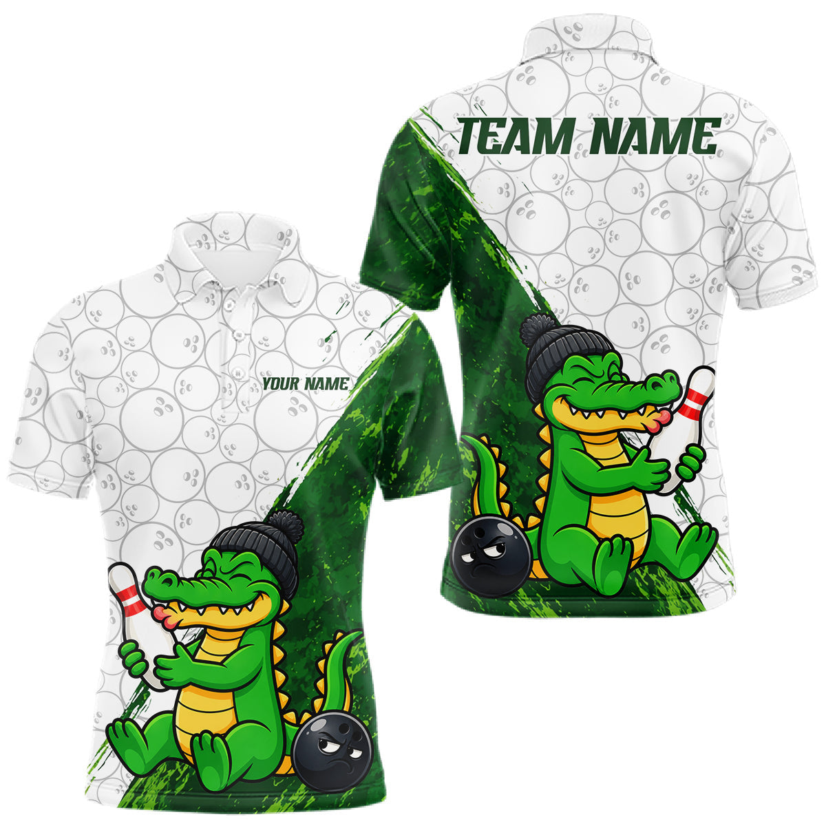Maxcorners Personalized Green Grunge Funny Bowling Shirt For Men Custom Alligator Hugging Pin Bowling Team Jersey
