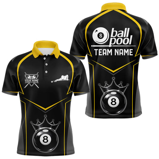 Maxcorners Black 8 Ball Crown Pool Men Polo & 1/4-Zip Team Shirts Custom Billiards Ball & Cue Attire|Yellow LM1104