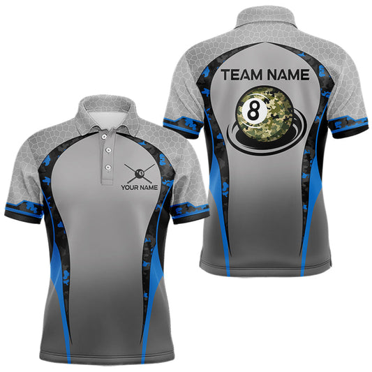 Maxcorners Camo 8 Ball Pool Billiard Polo & 1/4-Zip Shirt For Men Custom Blue And Grey Billiard Team Attire