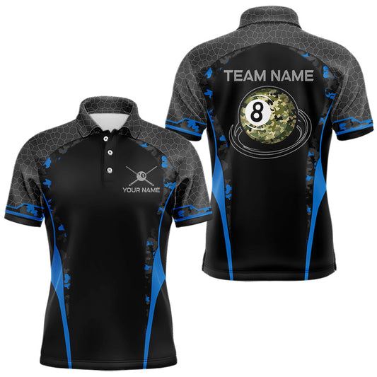 Maxcorners Camo 8 Ball Pool Billiard Polo & 1/4-Zip Shirt For Men Custom Blue And Black Billiard Team Attire