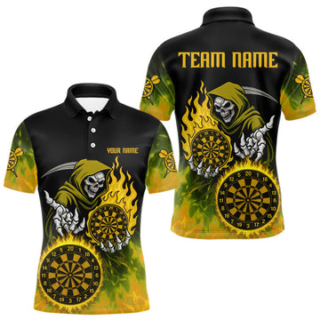 Maxcorners Custom Yellow Flames Dartboard Horror Grim Reaper Dart Men Polo Jerseys Outfits Dart Shirt LM2603
