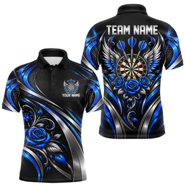 Maxcorners Wings Dartboard Polo 1/4-Zip Shirt For Men Personalized Silver Blue Roses Darts Tournament Jersey LM1910