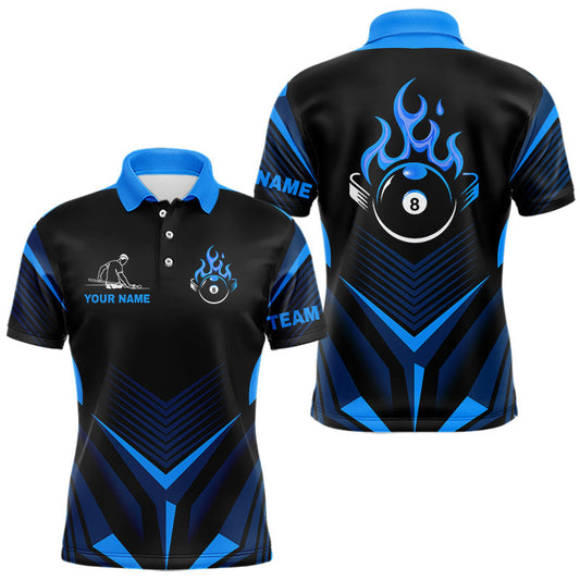 Maxcorners Blue Flaming 8 Ball Pool Polo & 1/4-Zip Team Shirt For Men Custom Billiards Ball Apparel