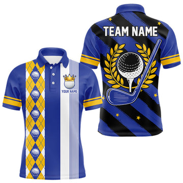 Maxcorners Personalized Golf Shirt For Men Custom Name Golf Polo Shirt Blue Yellow Argyle Golf Tournament Outfits