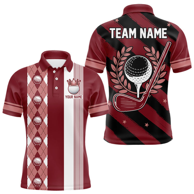 Maxcorners Personalized Golf Shirt For Men Custom Name Golf Polo Shirt Maroon Argyle Golf Tournament Outfits