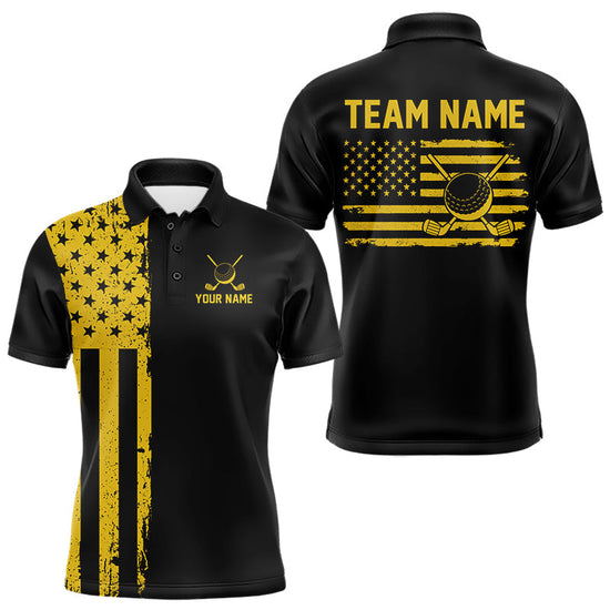 Maxcorners Black And Yellow American Flag Mens Golf Polo Shirts Custom Name Patriotic Team Golf Uniform